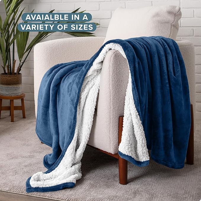 Bare Home Sherpa Fleece Blanket - King Size - Blanket for Bed, Sofa, and Couch - Warm & Lightweight - Fluffy & Soft - Reversible (King, Dark Blue)