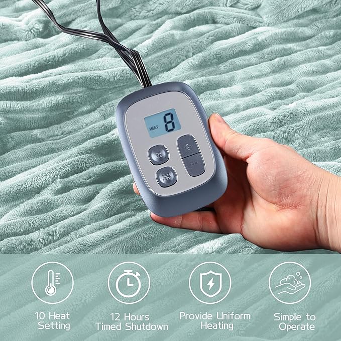 Electric Heated Blanket Full-Size 72x84 Inch - Ultra Soft Silky Flannel with Ribbed Texture, 10 Heating Levels and 12 Hours Auto-Off Feature - Mint Green