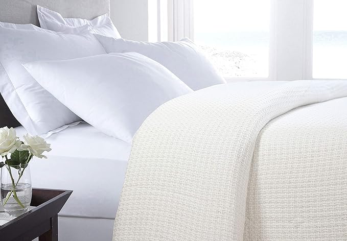 HILLFAIR 100% Combed Cotton Blanket– Twin XL Bed Blanket– Soft Cozy Warm Multipurpose Throws for Luxury Home Decor– 66 x 90 inch Twin XL Size Cotton Blankets for Bed Blankets for All Season- Ivory