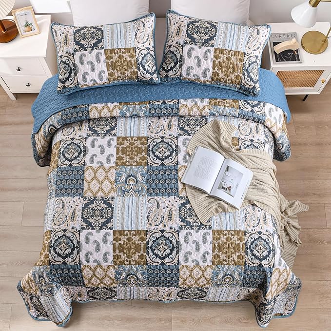WONGS BEDDING Boho Quilt Set King Size, Blue Patchwork Plaid Bedspread Bedding Sets Paisley Soft Microfiber Quilts for King Bed 3 Pieces Coverlet Set for All Season (104"x90")