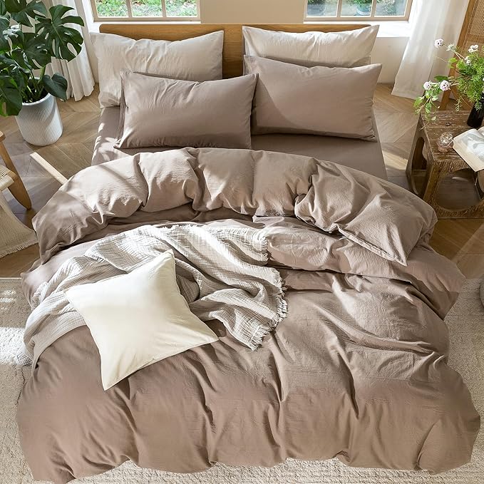 MooMee Bedding Duvet Cover Set 100% Washed Cotton Linen Like Textured Breathable Durable Soft Comfy (Solid Brown, Super King Plus 120"x120")