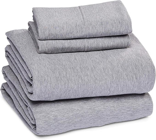 Amazon Basics 4 Piece Bed Sheets Set, 100% Cotton Jersey, Includes Super Soft, Flat and Fitted Sheets, Pillowcase, King, Light Gray, Solid