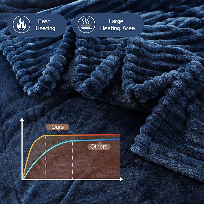 Electric Heated Blanket Queen Size 84x90 Inch - Ultra Soft Silky Flannel with Ribbed Texture, Dual Zone Controllers with 10 Heating Levels and 12 Hours Auto-Off Feature - Navy Blue