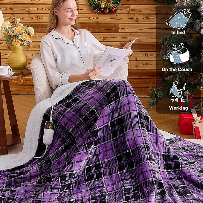 Purple Heated Weighted Blanket for Adults Queen Size 15Lbs 60"x80", 2-in-1 Electric Heating Pad Lap Heavy Blanket for 140-160lbs for Bed, 10 Level 8H Auto Off, Cozy Birthday Gifts for Women Mom Senior