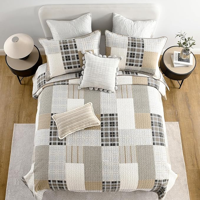 KALOOLA Plaid King Quilt Set, 100% Cotton Beige King Quilt Bedding Set, Farmhouse Reversible Quilted Bedspread Coverlet with 2 Pillow Shams, Lightweight Thin Comforter for All Season, 3 Pieces