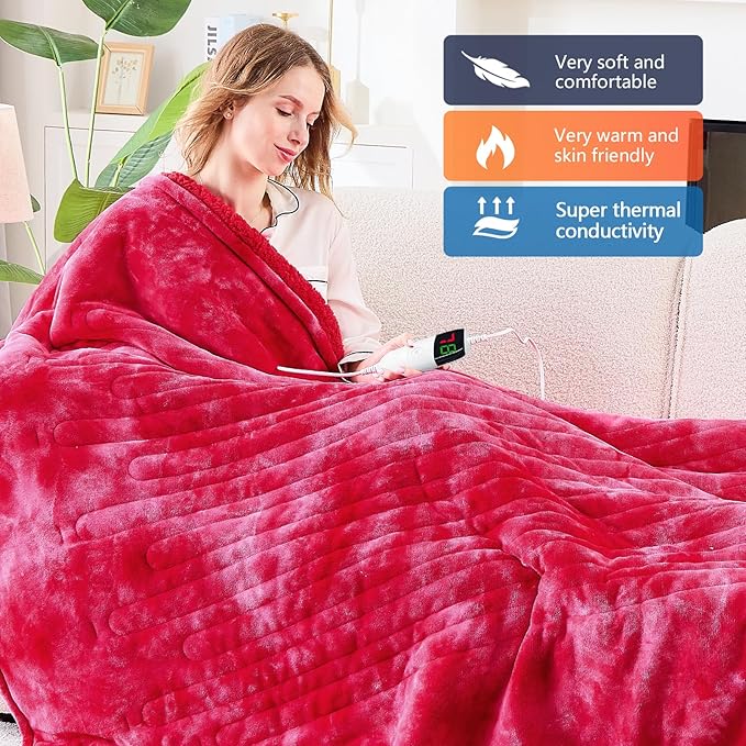 greenoak Heated Electric Blanket Throw, Faux Fur Sherpa Heating Blanket for Sofa Bed, Warm Winter Gifts for Mom/Grandma, Heater Lap Blankets 5-Position Timer &10 Heating Levels 62''*84" Red