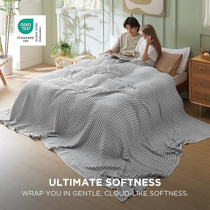 Bedsure Cooling Cotton Waffle Oversized King Blanket - Lightweight Breathable Blankets Rayon Derived from Bamboo for Hot Sleepers, Luxury Throws for Bed and Sofa, Grey, 120x96 Inches