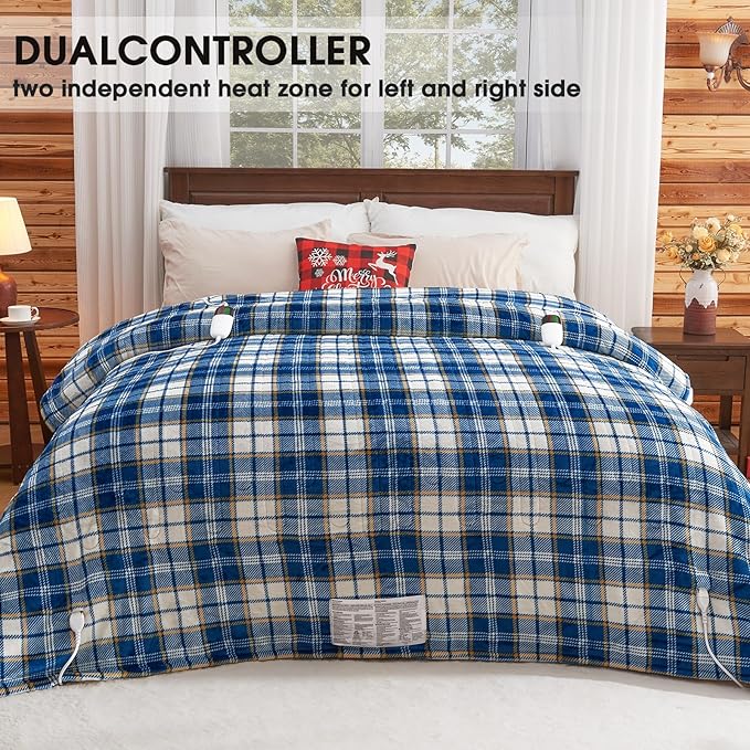 Electric Heated Blanket King Size, 90X100 Heating Blanket King With Dual Control&10 Heats Levels&Timer For Bed,Large Navy Blue Plaid Sherpa Blankets Warmer Gifts for Grandma Women Adults, Washable