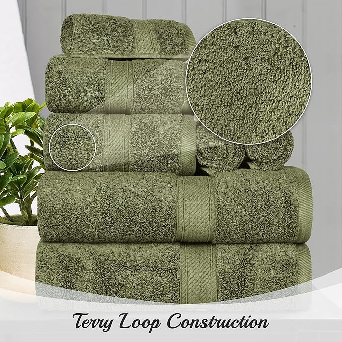 Superior Egyptian Cotton Pile 8 Piece Towel Set, Includes 2 Bath, 2 Hand, 4 Face Towels/Washcloths, Ultra Soft Luxury Towels, Thick Plush Essentials, Guest Bath, Spa, Hotel Bathroom, Forest Green