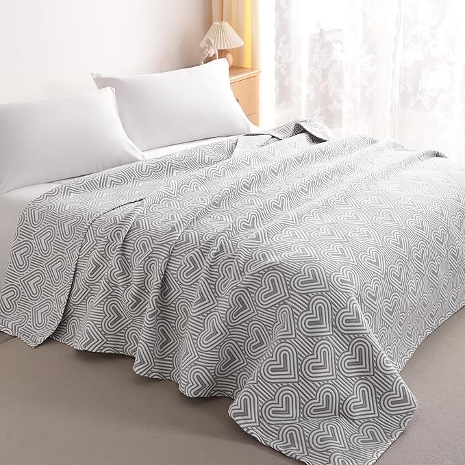 NTBAY 3 Layers Cotton Muslin 88x92 Queen Bed Blanket, Super Soft Breathable Thermal Yarn Dyed Quilt for Adults, Perfect Lightweight Blanket for Couch Sofa Bed All Seasons, Grey Heart