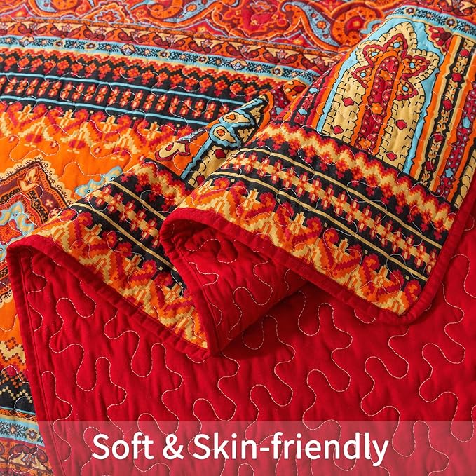 BEDIFANY Cotton Quilts Queen Size Set - Lightweight Bedspreads Queen Size - Soft Colorful Orange Quilted Quilt Bedding Sets (90 * 98 Inch) with 2 Pillow Shams for Bed Decoration Coverlet, 3 Pieces