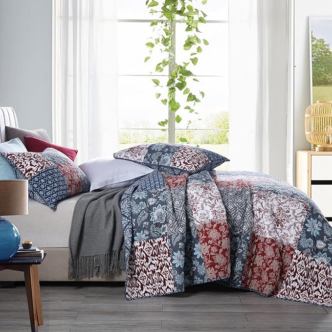 Yvooxny Quilts King Size Bedspread Quilt Set Lightweight Reversible Coverlet Set Real Patchwork Quilted Bedding Set for All Seasons, Bohemian Floral Style, King Size