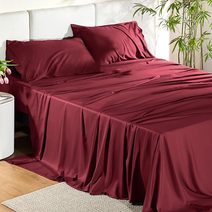 Bedsure California King Sheet Sets, Cooling Sheets, Rayon Derived from Bamboo, Breathable & Soft, Deep Pocket Up to 16 Inches, Hotel Luxury Silky Bedding for Hot Sleepers, Burgundy