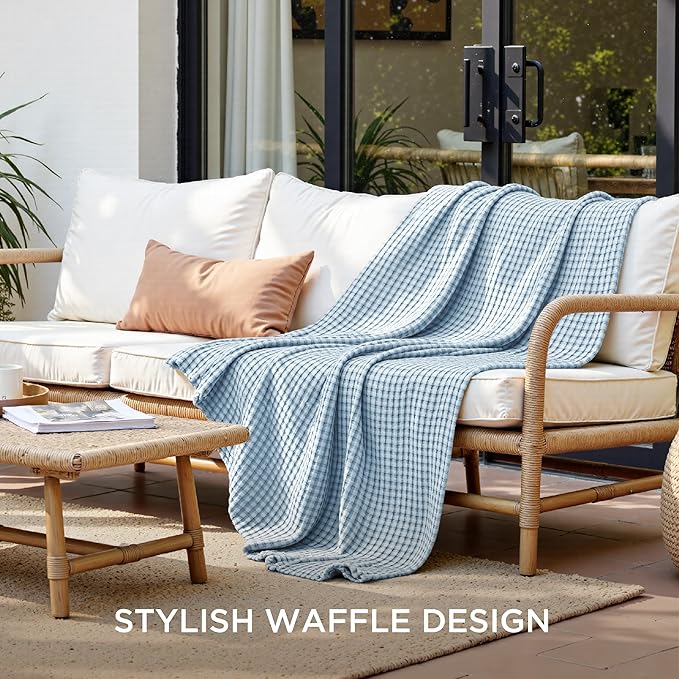 Bedsure Cooling Cotton Waffle Twin XL Blanket - Lightweight Breathable Blanket of Rayon Derived from Bamboo for Hot Sleepers, Luxury Throws for Bed, Couch and Sofa, Blue, 66x90 Inches