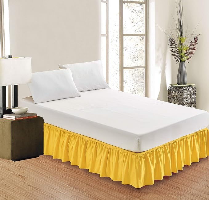 Sheets & Beyond Wrap Around Solid Microfiber Luxury Hotel Quality Fabric Bedroom Gathered Ruffled Bedding Bed Skirt 14 Inch Drop (Twin, Yellow)