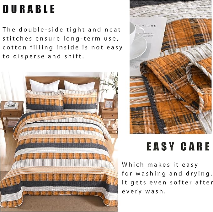 Homzard Queen Comforter Set，Cotton Quilts Queen Size，Caramel Orange Black Bedding，Plaid Striped Bedspread，Lightweight Reversible Bed Set 3 Pieces
