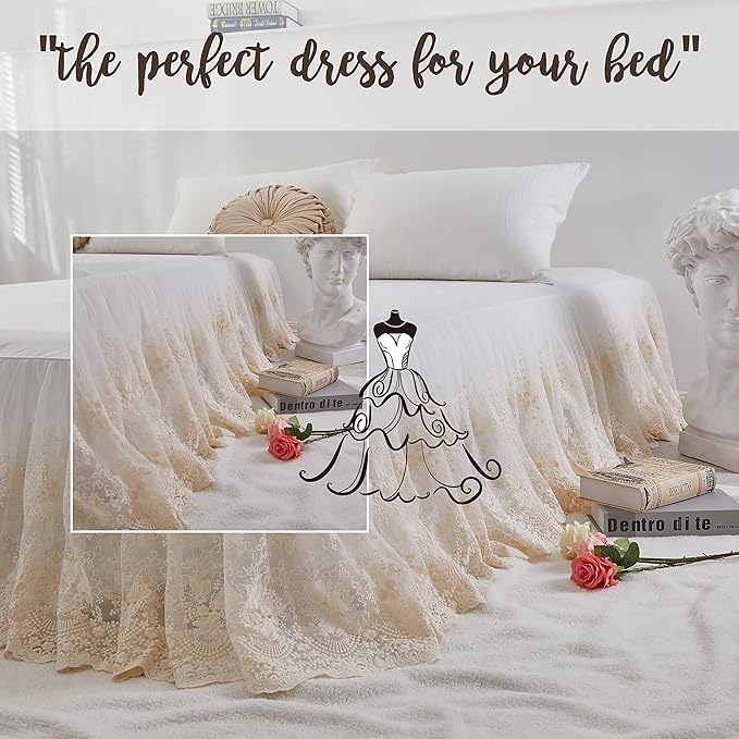 Brandream Lace Bed Skirt Queen Size Cream White 18 Inch Drop Romantic Dust Ruffle Split Corners Bed Sheets Cover Excellent Quality