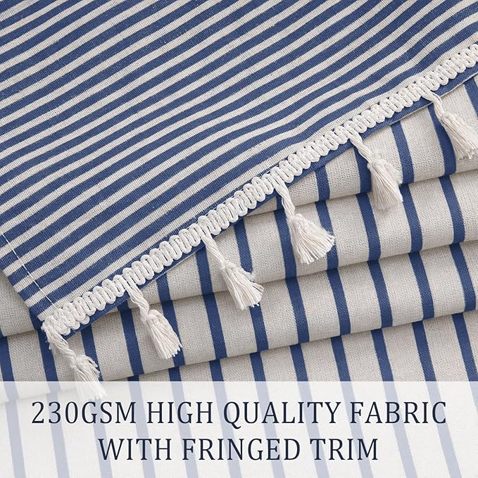 Awellife Blue Shower Curtain for Bathroom Linen Texture Stripe Tassel Shower Curtain 72 X 84 Inches Boho Neutral