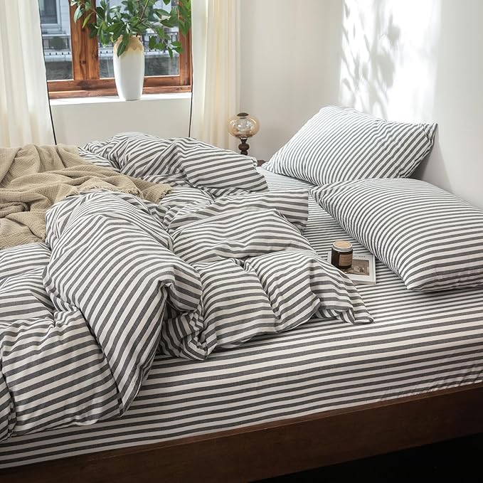 FOSSA Striped Duvet Cover Set 100% Washed Cotton Linen Feel Super Soft Breathable Cozy 3 Pieces Bedding Sets Dark Grey Classic Stripes Queen