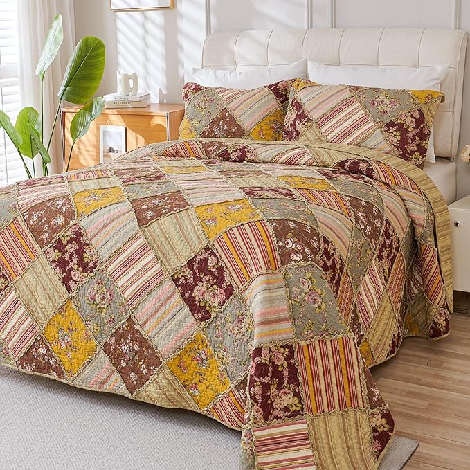 Cmfshape Floral Quilt Sets Bedspread Set 100% Cotton Patchwork Bedding Set, All Season Use Lightweight Reversible Coverlet Quilts with 2 PillowShams(King 106"x96")
