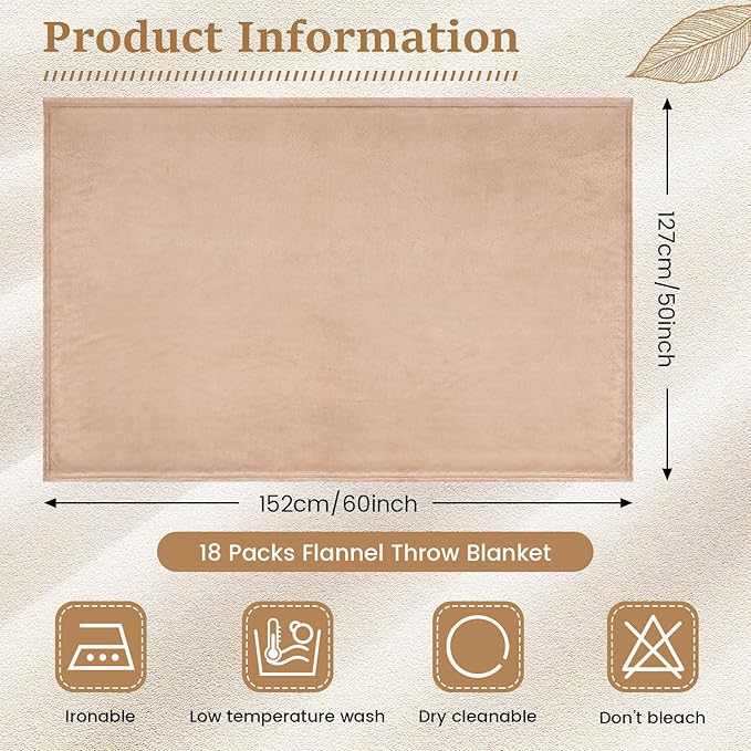 18 Pieces Fleece Blankets Bulk for Wedding 50 x 60 Inch Soft Lightweight Flannel Throw Blankets Bulk for Wedding Guests Home Outdoor Couch Sofa Bed Gifts(Camel)