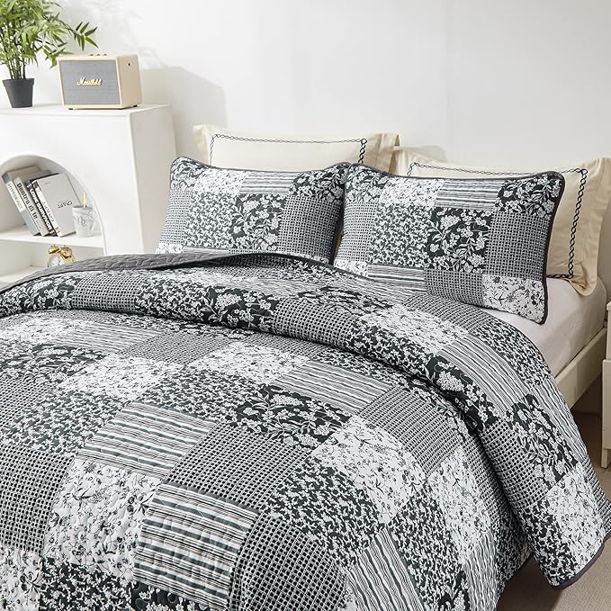 Mybedsoul Black Grey Boho Quilt Set King Size,3 Pieces Plaid Floral Bedspread Coverlet Set for All Season,Patchwork Reversible Bedding Set King 90"x104"