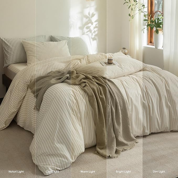 FOSSA Striped Duvet Cover Set 100% Washed Cotton Linen Feel Super Soft Breathable Cozy 3 Pieces Bedding Sets Almond Milk Grey Classic Stripes Queen