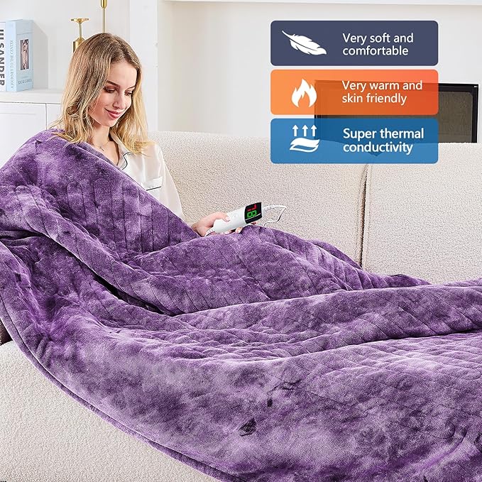 greenoak Heated Electric Blanket Throw, Faux Fur Sherpa Heating Blanket for Sofa Bed, Warm Winter Gifts for Women/Her, Heater Lap Blankets 5-Position Timer &10 Heating Levels 84''*90" Purple