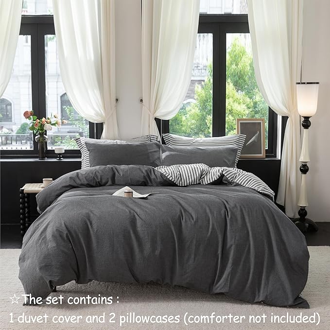 Reversible Duvet Cover Set 100% Washed Cotton Dark Grey Stripe Linen Feel Duvet Cover King Size with Zipper Closure & 2 Pillow Shams,Dark Grey/White Stripe Reverse Solid Dark Grey