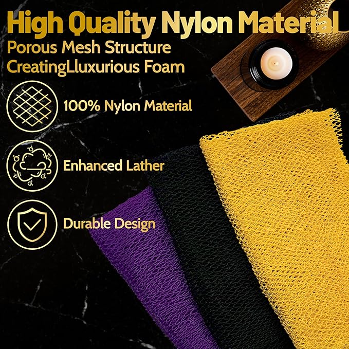 African Net Sponge Authentic,3Pack Loofah Exfoliating Body Scrubber Bath Sponge, Back Scrubber Washcloth for Shower,Gentle Exfoliator and Rich Lather for Women and Men (Black、Yellow、Purple)