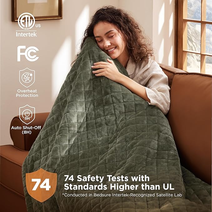 Bedsure Electric Blanket Queen Size - Dual Control Heated Weighted Blanket Queen with 10 Heat Settings, Fast Heating with 10 Time Settings (84x90 inches, Olive Green)