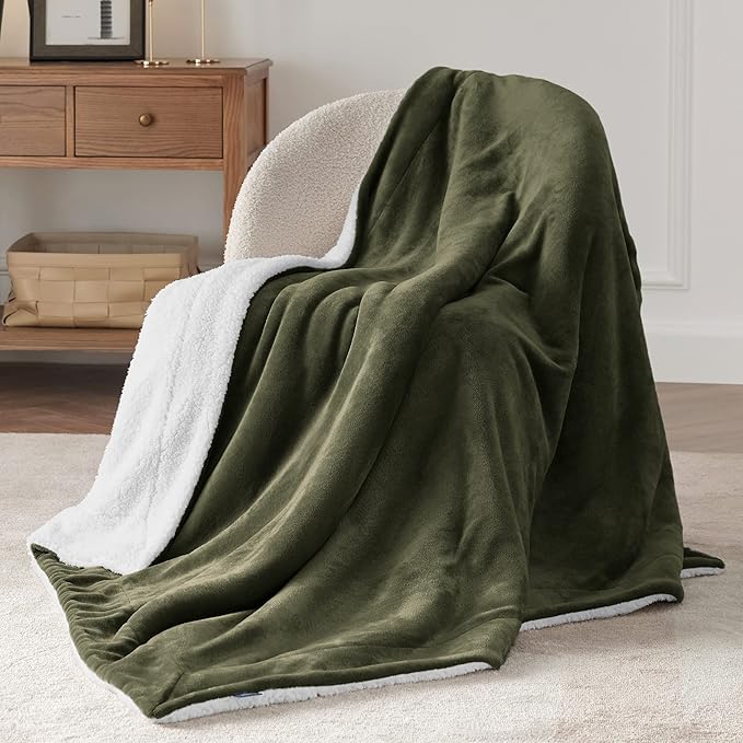 Bedsure GentleSoft Sherpa Fleece Throw Blanket for Couch - Thick and Warm, Soft Fuzzy Plush Throw Blanket for Winter, Olive Green, 50x60 Inches