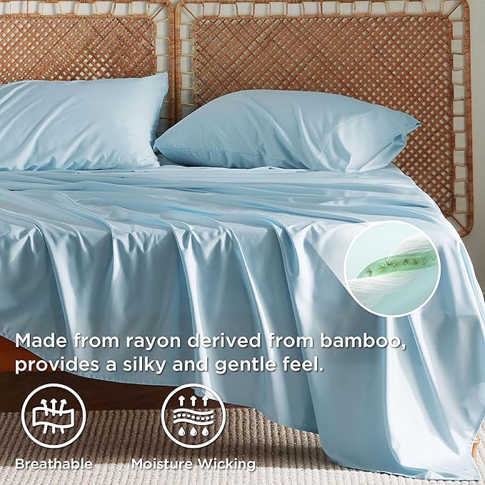Bedsure Full Size Bed Sheets, Cooling Sheets, Rayon Derived from Bamboo, Breathable & Soft, Deep Pocket Up to 16 Inches, Hotel Luxury Silky Bedding for Hot Sleepers, Aqua