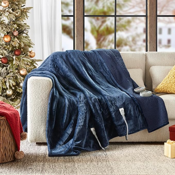 Beautyrest Heated Blanket, Electric Blanket, Soft, Warm, Reversible Plush - Sherpa Heating Blanket with 20 Heat Settings, 1-10 hrs Timer Auto Shut Off, Machine Washable, Queen (90 inx84 in), Indigo