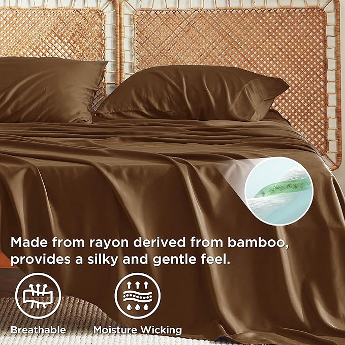 Bedsure Queen Sheet Set, Rayon Derived from Bamboo, Cooling Sheets, Breathable & Soft, Deep Pocket Up to 16 Inches, Hotel Luxury Silky Bedding for Hot Sleepers, Brown