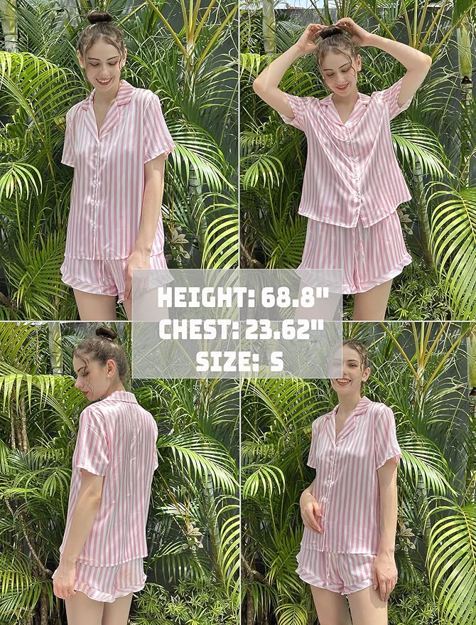 HOTOUCH Womens Satin Pajamas Set Button Down 2 Piece Silk Pjs Shorts Set Ruffle Lingerie Notch Collar Sleepwear