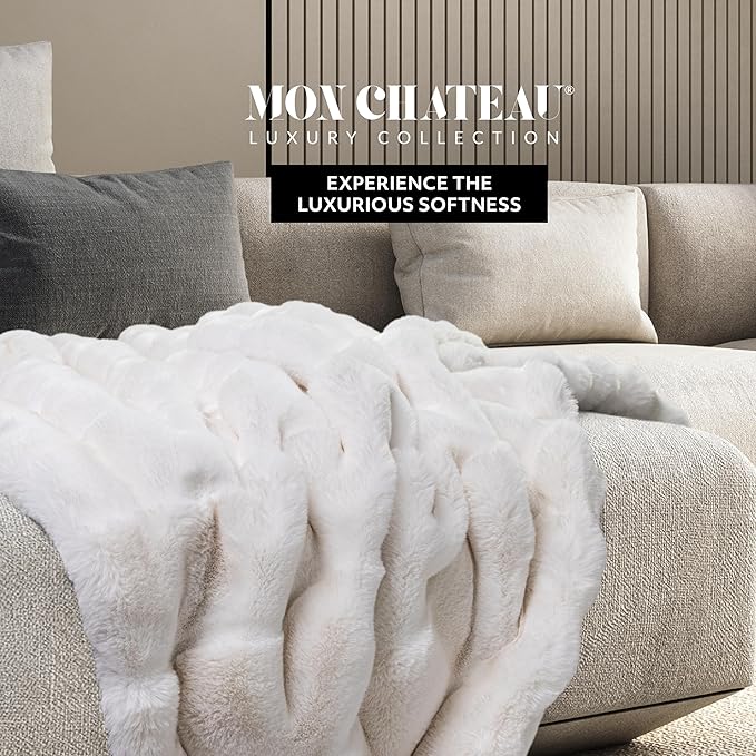 Mon Chateau 60" x 70" Hearthside Faux Fur Throw Blanket, Reversible Soft Blanket for Queen-Size Bed, Couch, or Sofa, Cozy Home Decor and Stylish Living Room Comfort, Winter Cream