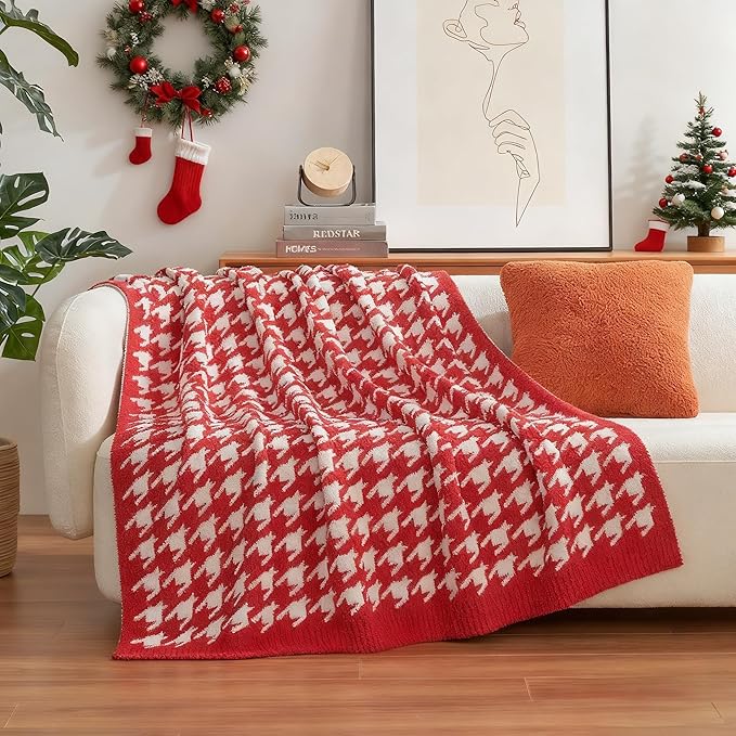 Snuggle Sac Christmas Throw Blanket - Soft Holiday Blanket for Couch, Gift for Family - Houndstooth Red, 50x60 Inches
