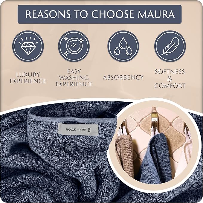 MAURA Basics Bath Towel Sets for Bathroom with Hanging Hook Loops. 2 Bath Towels, 2 Hand Towels, 2 Washcloths, Soft, Durable, Long Lasting and Absorbent Towels Set, Denim Blue