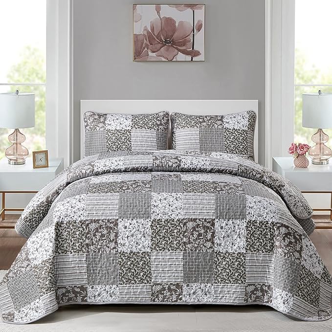 Mybedsoul Grey Boho Quilt Set Queen Size,3 Pieces Plaid Floral Bedspread Coverlet Set for All Season,Patchwork Reversible Bedding Set Queen 90"x96"