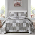 Mybedsoul Grey Boho Quilt Set Queen Size,3 Pieces Plaid Floral Bedspread Coverlet Set for All Season,Patchwork Reversible Bedding Set Queen 90"x96"