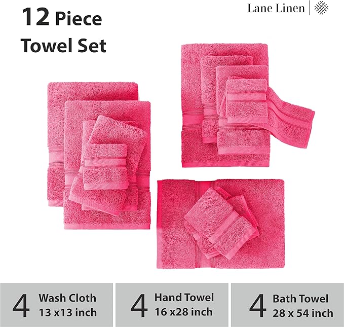 LANE LINEN 12 Pc Bath Towels Set – Ultra Soft 100% Mercerized Cotton, 4 Bath, 4 Hand Towel & 4 Wash Cloth, Zero Twist, Quick-Dry, Long-Lasting Comfort & Hotel Quality, Machine Washable – Fuchsia
