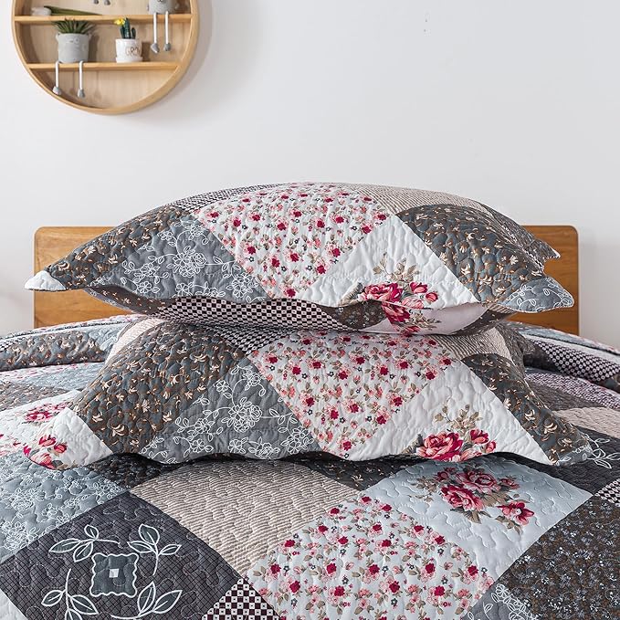 HoneiLife Queen Size Quilt Set - 3 Pieces - Grey Border Microfiber Bedding Set - Lightweight, Reversible Coverlets, Floral Bedding - All Season Quilts