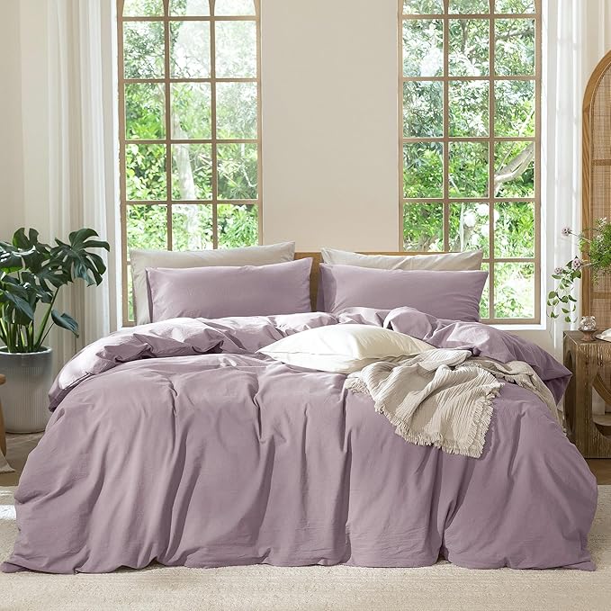 MooMee Bedding Duvet Cover Set 100% Washed Cotton Linen Like Textured Breathable Durable Soft Comfy (Solid Taro Purple, Queen 90"x90")