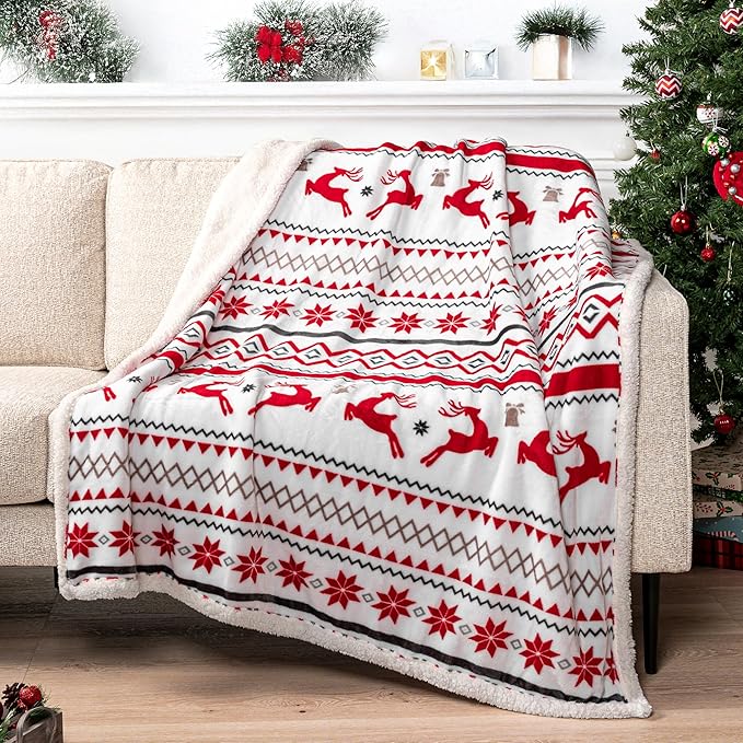 PAVILIA Premium Christmas Sherpa Throw Blanket | Christmas Decoration Gift, Fleece, Plush, Warm, Cozy Reversible Microfiber Holiday Blanket | White Reindeer - 60x80 Twin