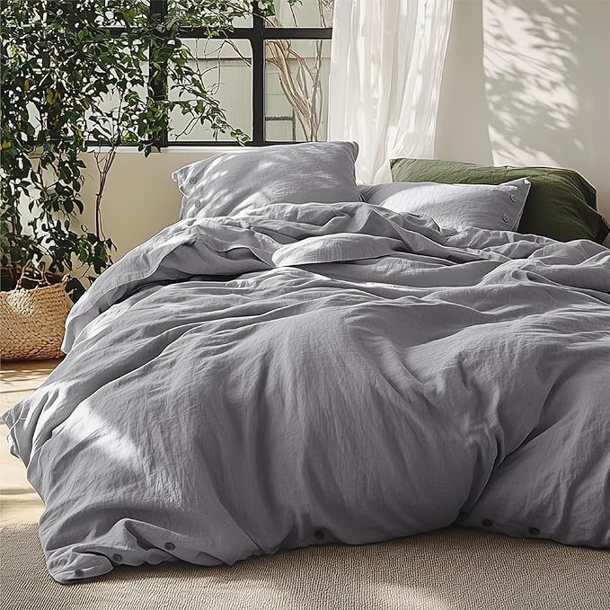 Bedsure Linen Duvet Cover Queen - Linen Cotton Blend Bedding Set, Soft & Cozy, 3 Pieces, 1 Duvet Cover 90x90 Inches and 2 Pillowcases, Silver Grey Color Cooling Bedding, Comforter Sold Separately