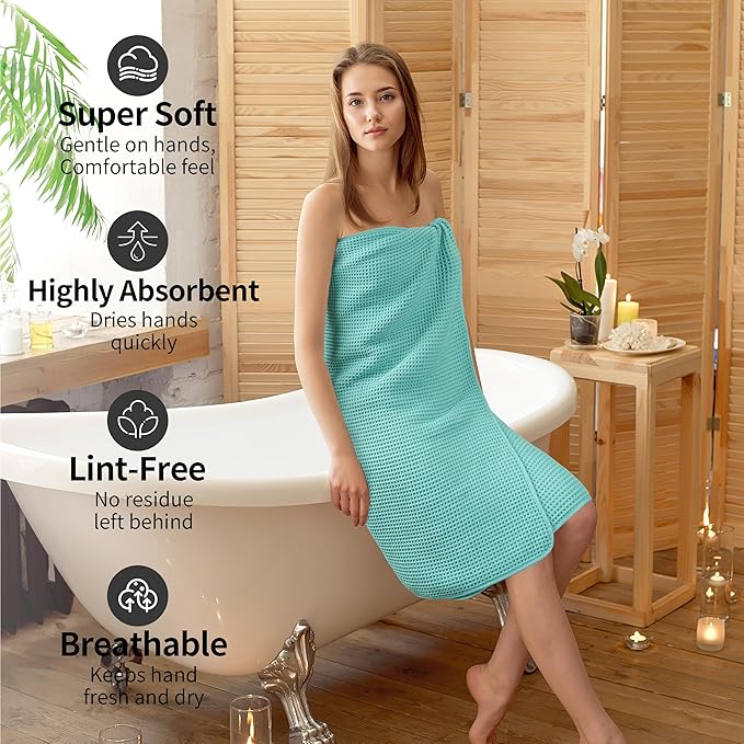 New Microfiber Waffle Bath Towels, 2 Pieces, Oversized, Soft, Absorbent, Fast Drying, Lint Free (Turquoise)