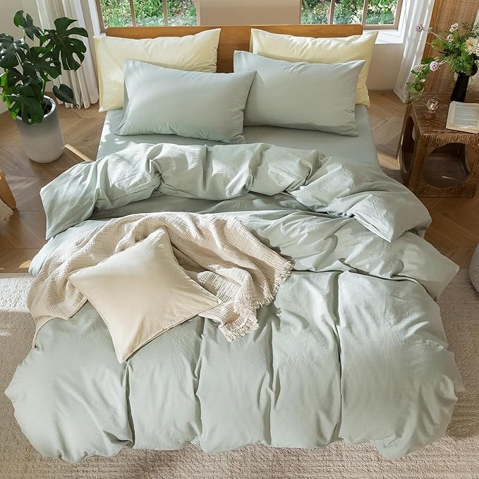 MooMee Bedding Duvet Cover Set 100% Washed Cotton Linen Like Textured Breathable Durable Soft Comfy (Heathered Sage Green, Cal King 104"x98")