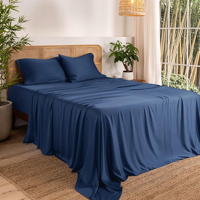 Bare Home 100% Rayon Made from Bamboo Luxury Queen Sheet Set - 4 Piece Bedding Set - Deep Pockets - Cooling Sheets - Breathable - Easy Fit - Soft Bedding Sheets & Pillowcases (Queen, Dark Blue)