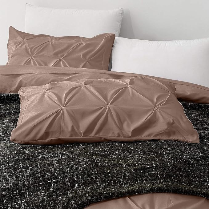 Pinch Pleated Duvet Cover Set 100% Cotton 3PC Super King Plus Size 120x120 Duvet Cover Set, Decorative Pinch Design Taupe Duvet Cover with Matching Pillow Case